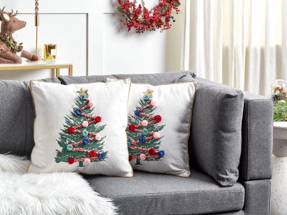 Set di 2 cuscini decorativi bianchi 45 x 45 cm con motivo ad albero di Natale in cotone sfoderabili Soggiorno Camera da letto