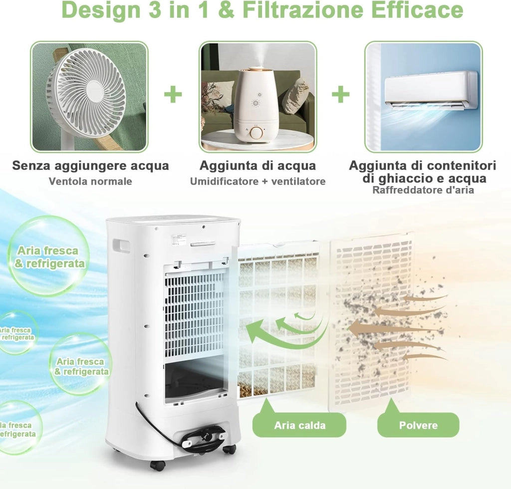 Condizionatore Portatile 4 in 1, Con Raffreddamento, Ventola, Umidificazione, Purificazione, Serbatoio dell’acqua di 10 L, 15H Timer, Con Telecomando e Ruote