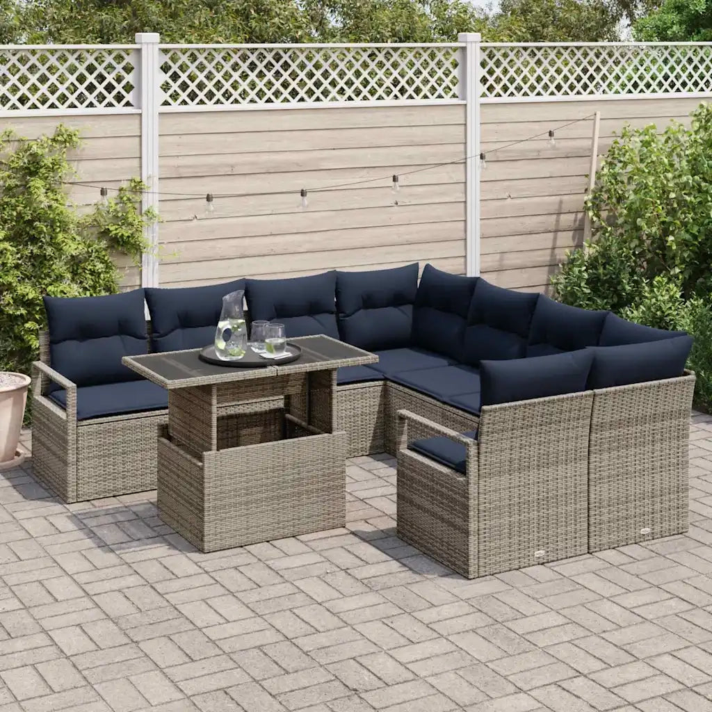Set Divano da Giardino 9 pcs Grigio e Blu Navy polyrattan