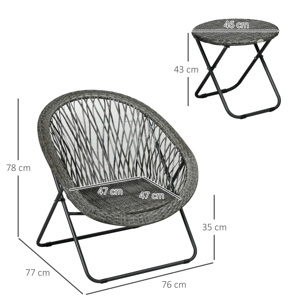 Set mobili da balcone pieghevole 3 pezzi con 2 sedie e tavolino rotondo in rattan sintetico grigio