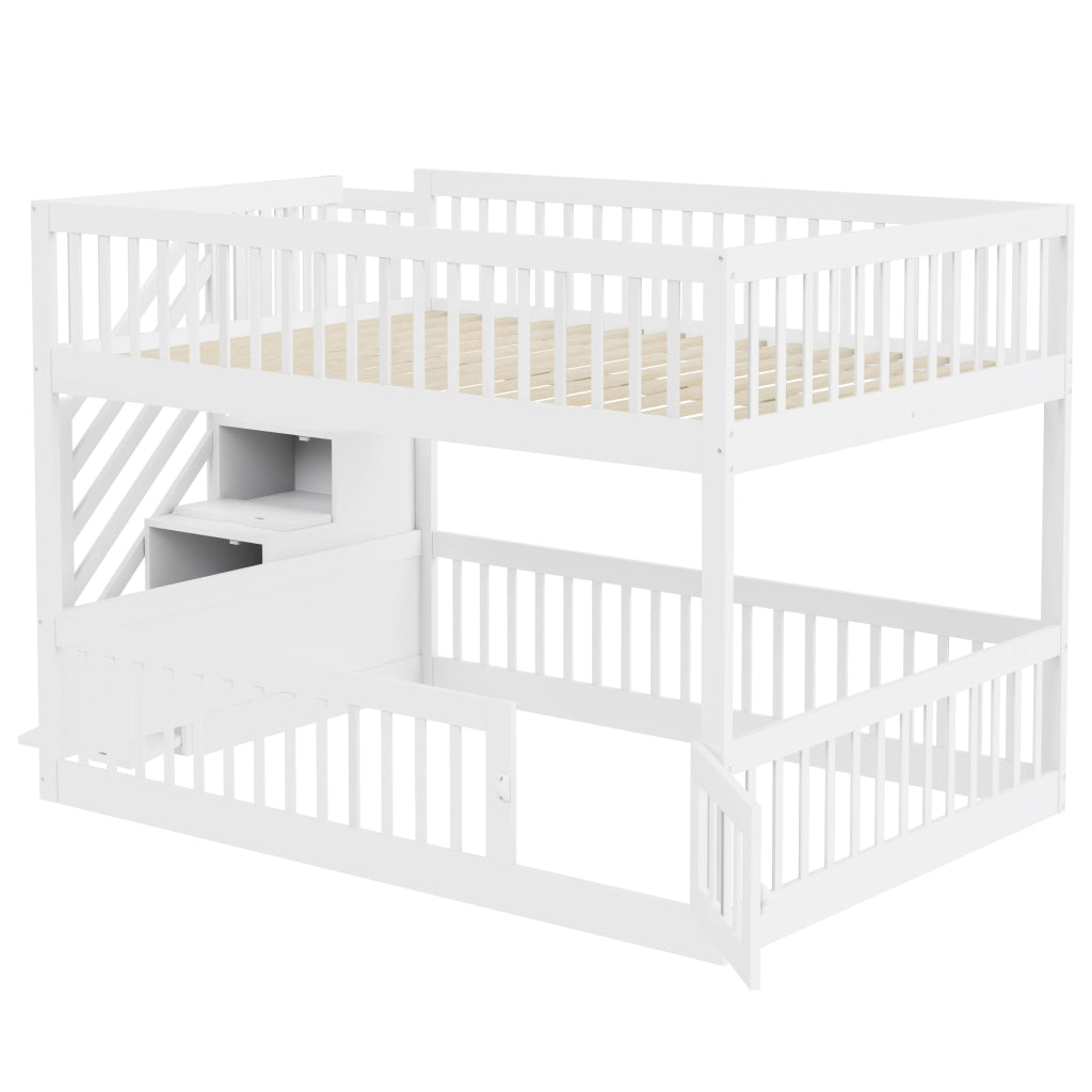 Letto a Castello 140x200 cm; Scale con Cassetti e Porta Apribile; in Legno; Bianco