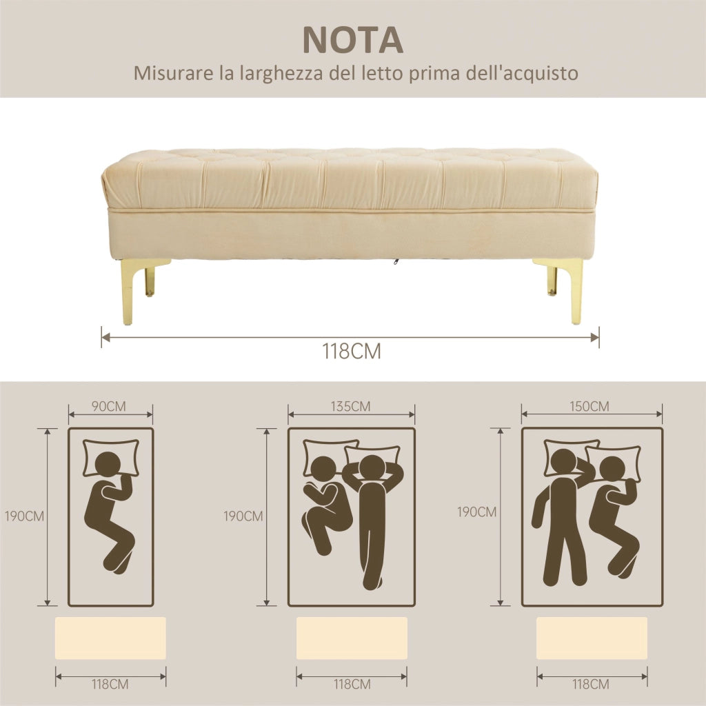 Panca Fondo Letto Imbottita con Rivestimento Trapuntato in Effetto Velluto 118x45x42 cm Beige