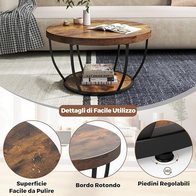Tavolino da Caffè Rotondo a 2 Ripiani, Tavolo da Salotto in Legno con Struttura in Metallo, Tavolino Soggiorno Industriale con Piedini Regolabili, 80 x 80 x 45 cm (Rustico)