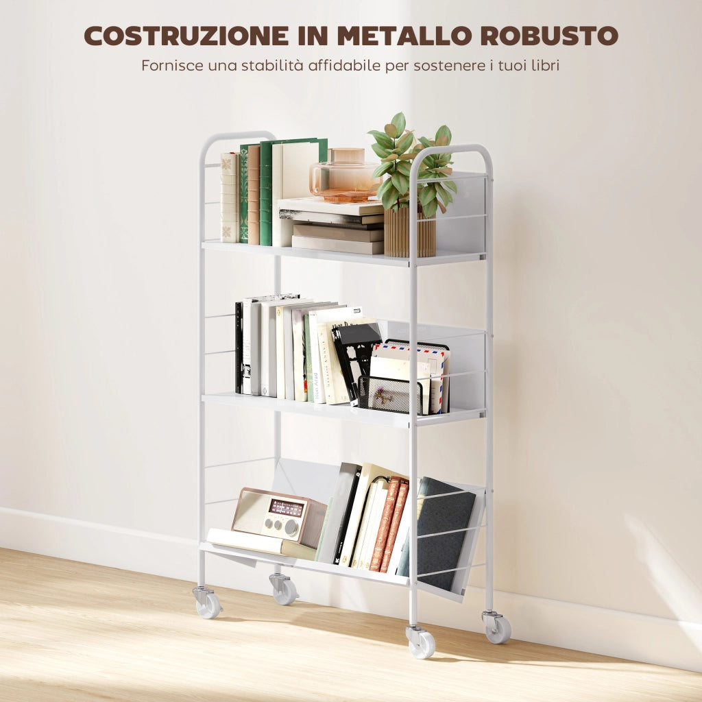 Carrello Portalibri Moderno a 3 Livelli 69x26x108 cm con Ruote Girevoli in Metallo e PP Bianco