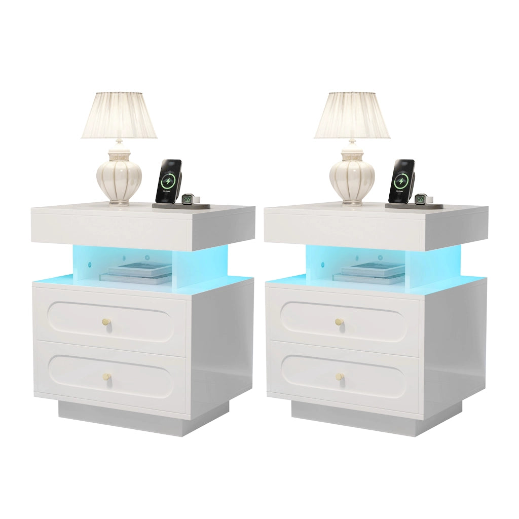 Comodino con LED, 2 cassetti e 1 vano aperto, per camera da letto, in truciolato, bianco, 100 × 40 × 60 cm