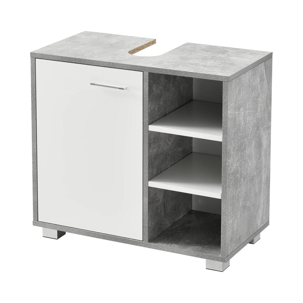 Mobiletto sottolavabo di design mobiletto per il bagno con 3 ripiani pannello di particelle rivestito in melaminico 56 x 60 x 31 cm effetto cemento e bianco 03_0005857