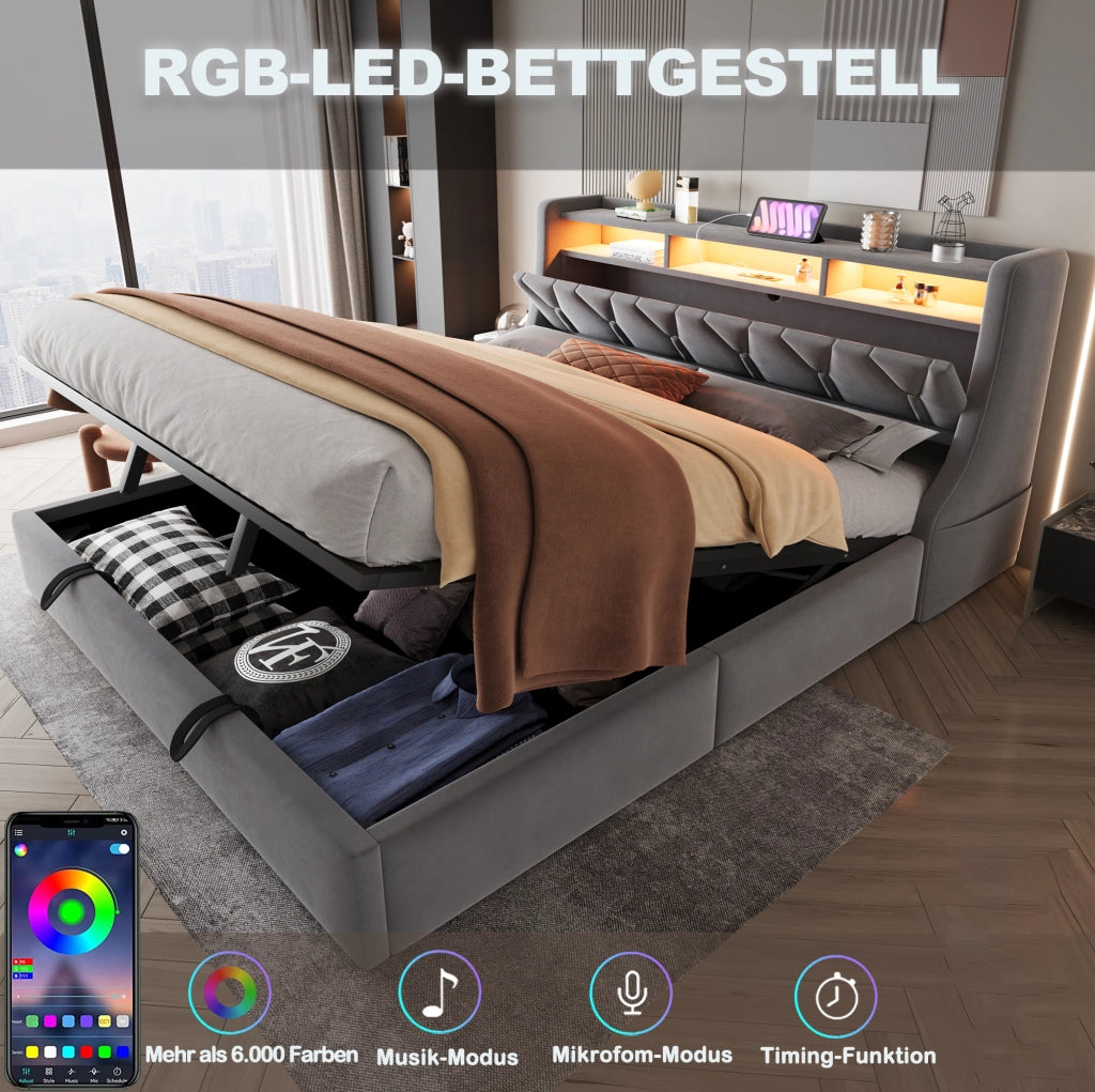 Letto imbottito grigio 180 x 200 cm con vano idraulico e LED