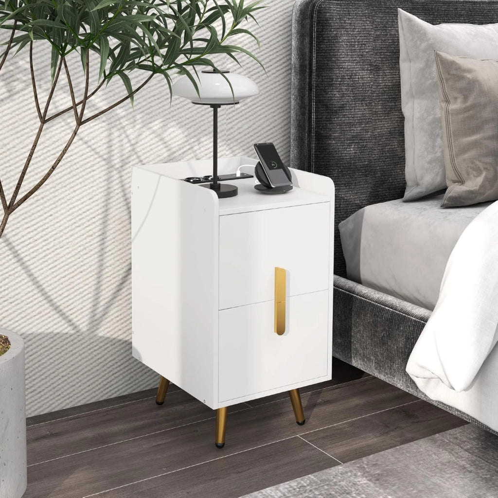 Comodino con stazione di ricarica, comodino con 2 porte USB e 3 uscite, tavolino laterale con 2 cassetti, tavolo per camera da letto, soggiorno, 32 x 40 x 60 cm (bianco)