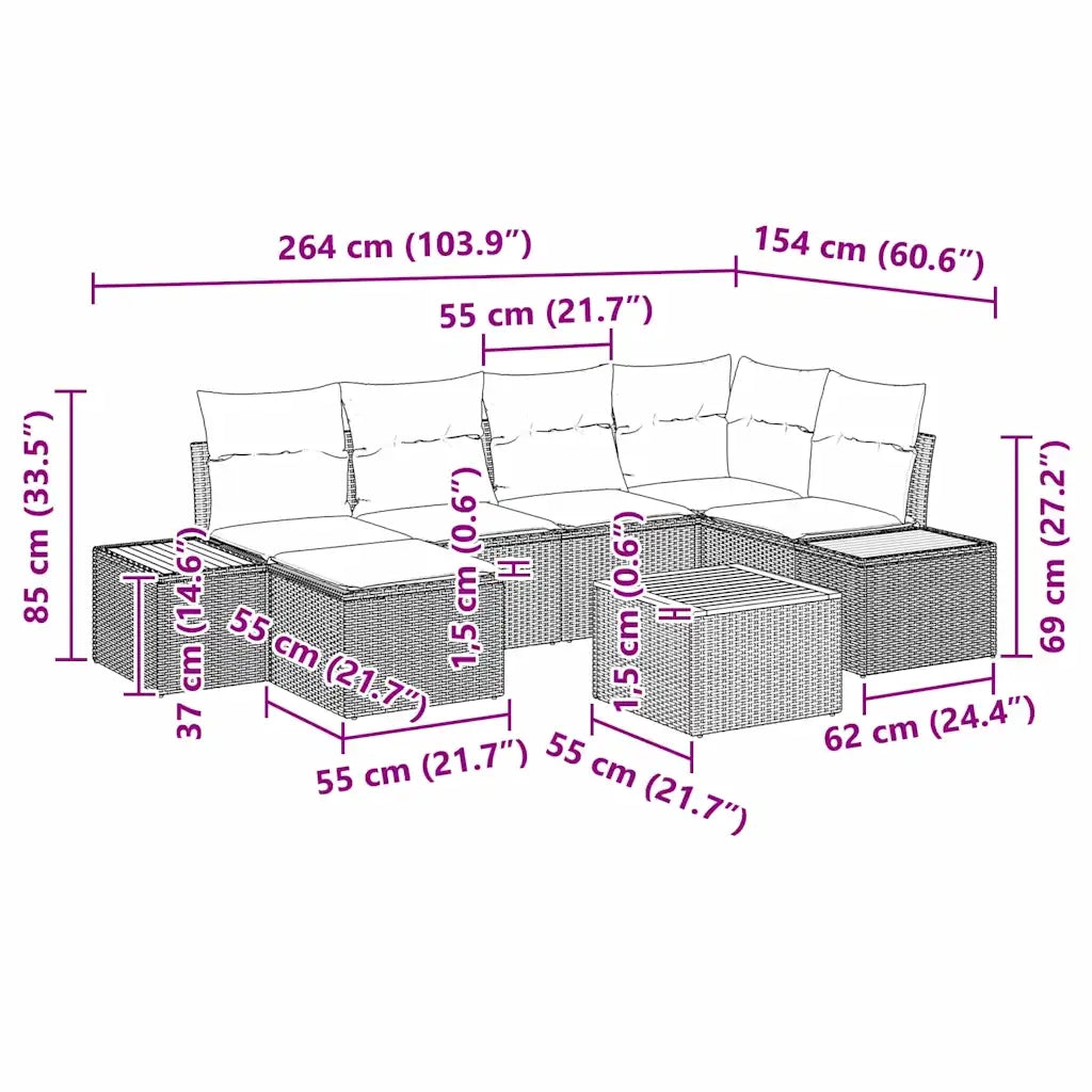 Set Divano da Giardino con cuscino 7 pcs Nero polyrattan 3348123