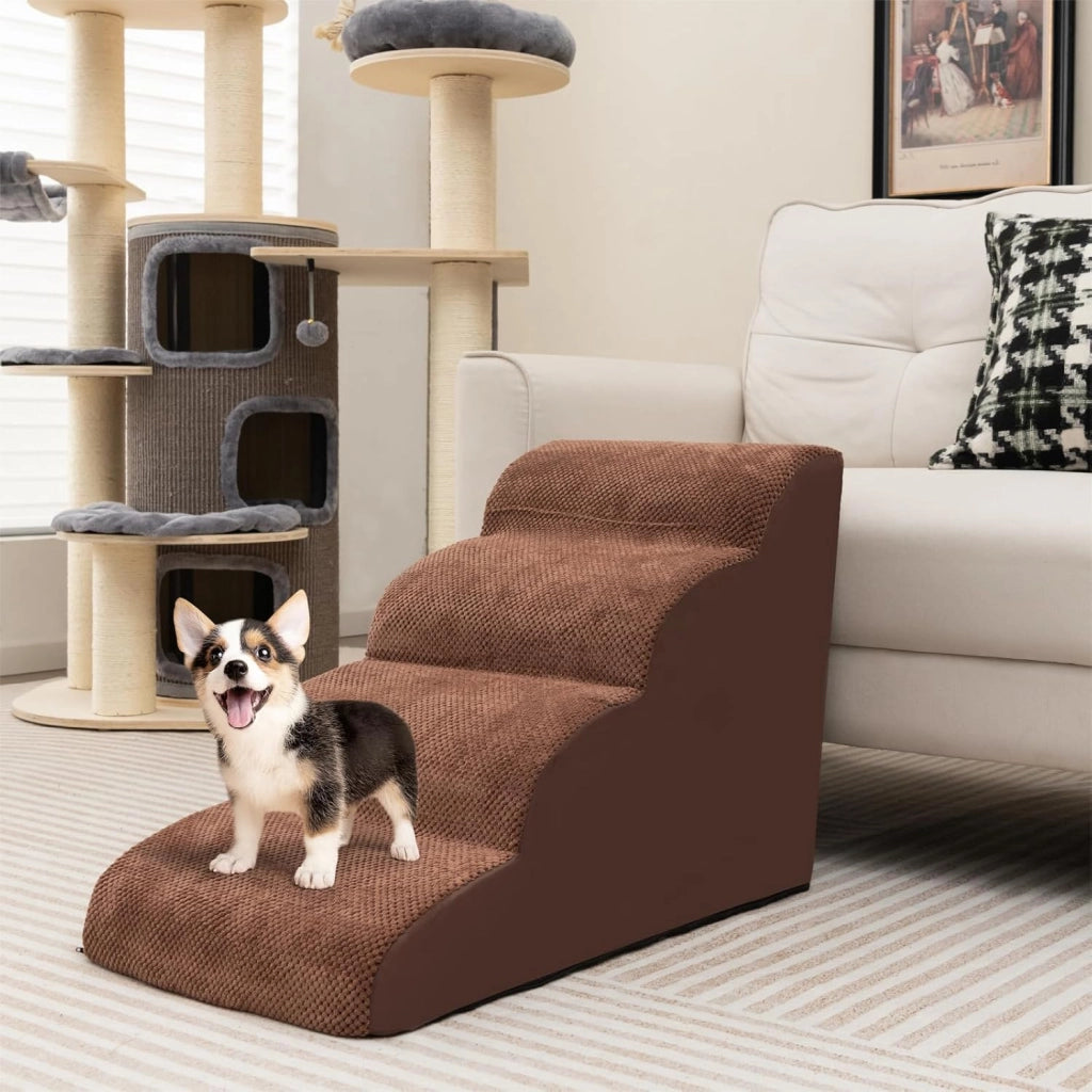 Scaletta per Cani a 4 Gradini in Spugna, Rampa per Animali Copertura Rimovibile e Lavabile Antiscivolo con Spazzola, Scala per Divano e Letto, per Cuccioli e Anziani, 72 x 41 x 51 cm (Marrone)