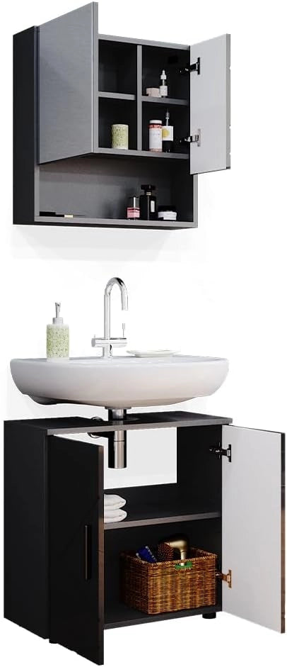 Set mobili bagno Irma, Antracite lucido, 80 cm, composto da specchio da bagno e mobile sottolavabo