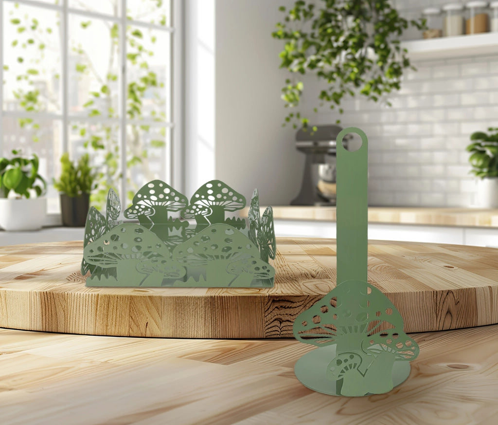 Set Accessori Cucina 2/4 Pezzi Porta Scottex Portatovaglioli Vassoio Grande Da Portata Portafrutta Centrotavola Metallo Design Moderno Decorazioni Tavola  - Funghetti - 2 Pezzi