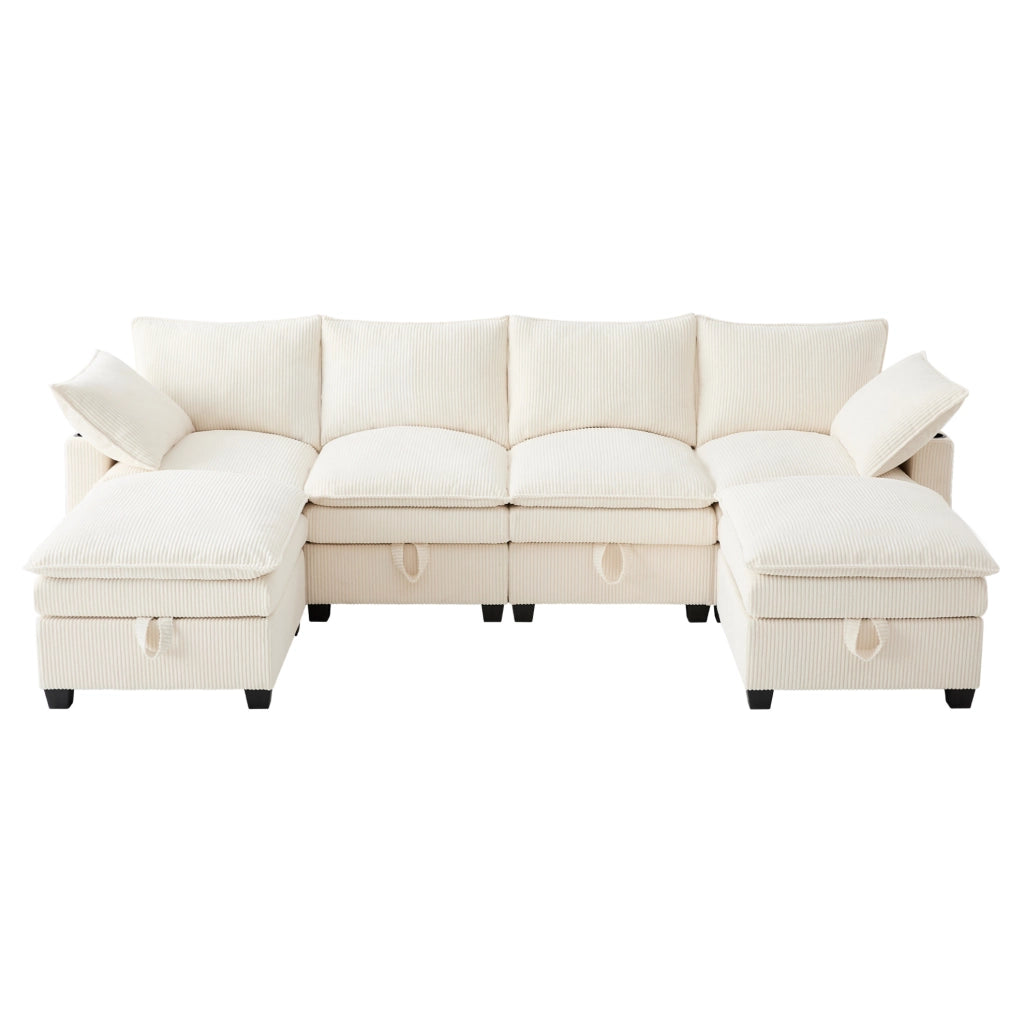 Divano modulare 6 posti in velluto a coste beige con USB