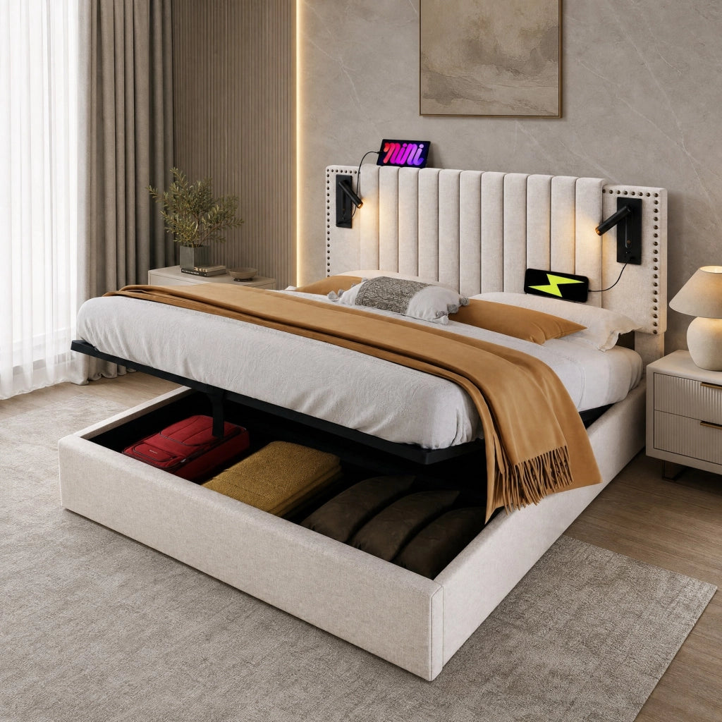 Letto matrimoniale contenitore 180x200 cm in cotone beige con testiera regolabile; luce lettura e porte USB