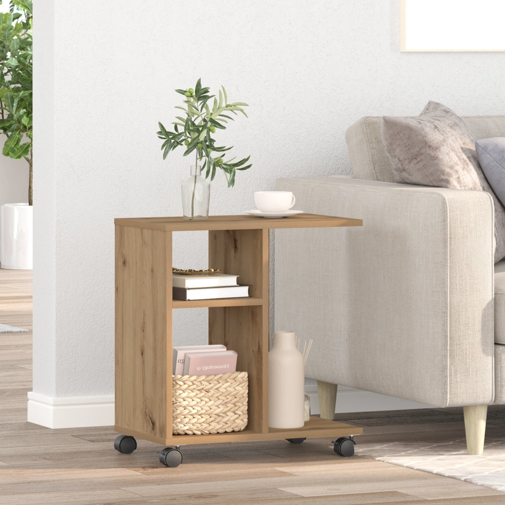 Tavolino con Ruote Rovere Artigianale 50x30x55 cm in Legno Ingenerizzato