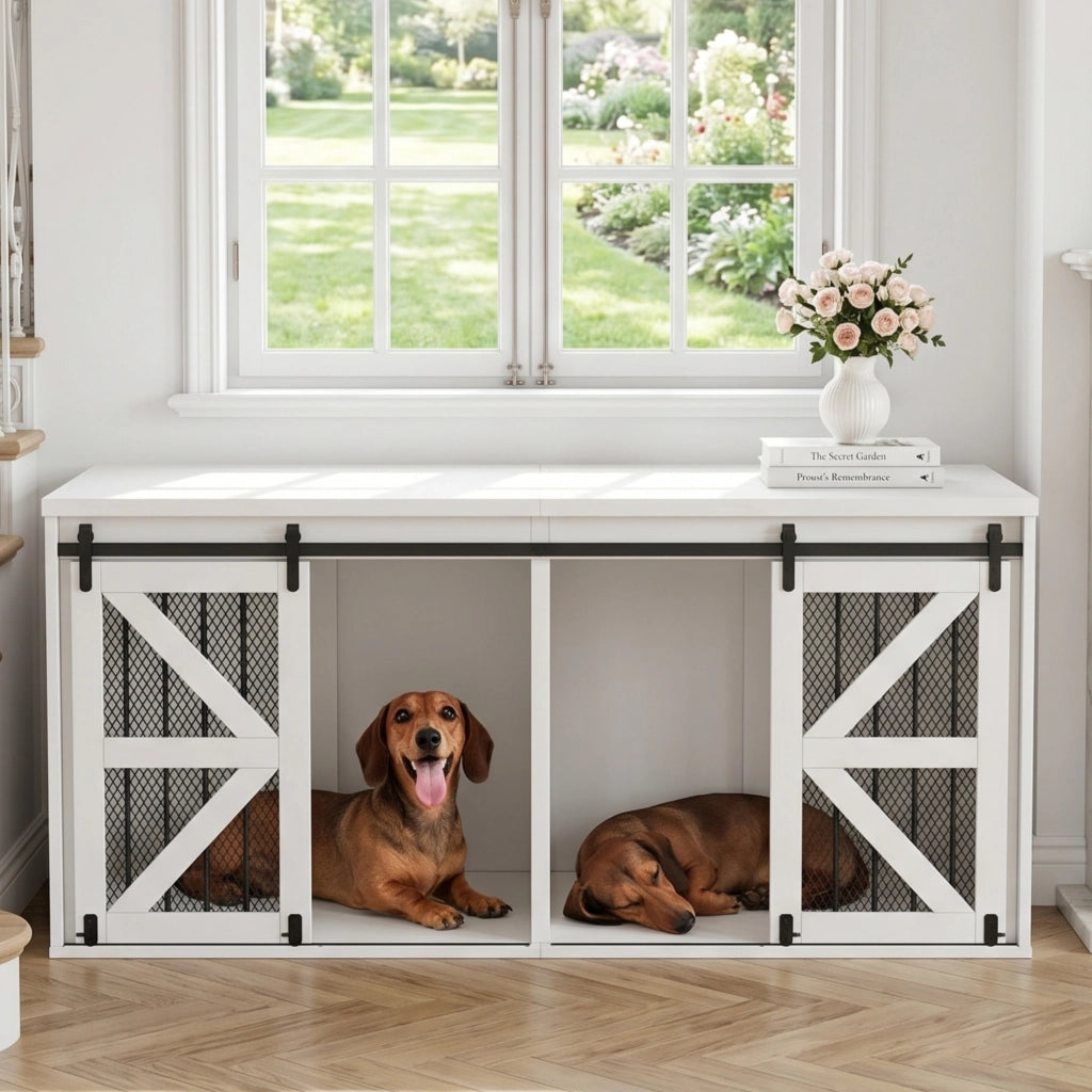 Cuccia per cani con divisorio centrale fisso e porte scorrevoli in MDF e metallo bianco 160 × 60 × 75 cm