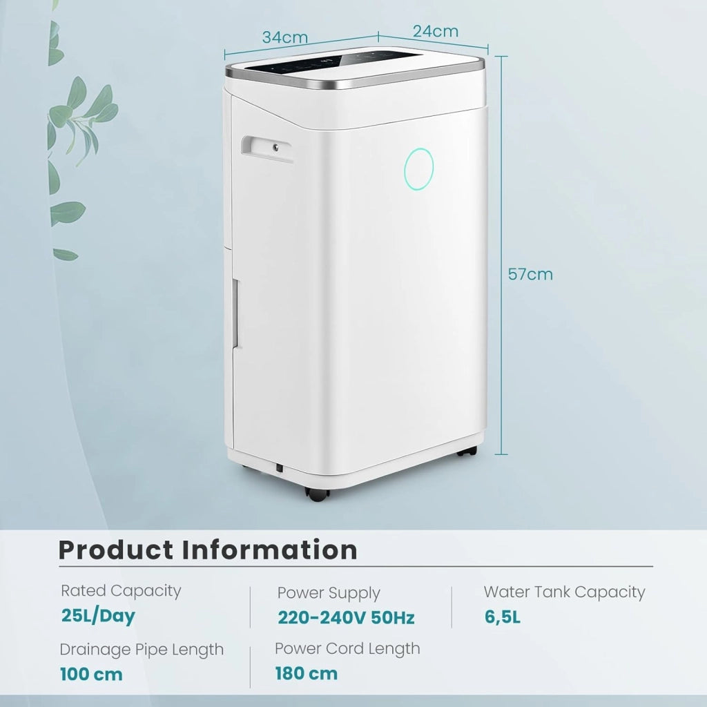 Deumidificatore Elettrico 25L/Giorno, Deumidificatore con Scarico Continuo, Timer 24 Ore, Serbatoio Acqua da 6,5L, Display LED, per Ambienti Fino a 30 m², per Cantina, Ufficio, Casa