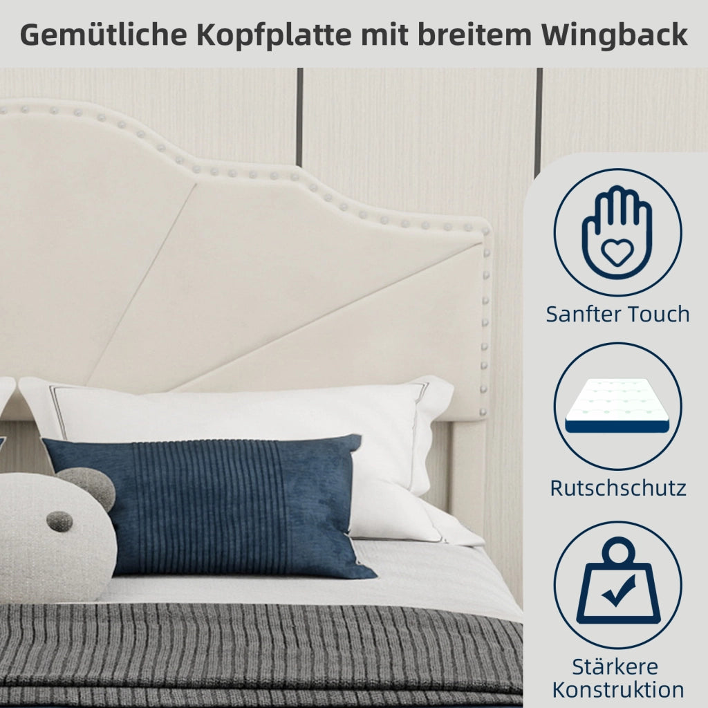 Letto Matrimoniale 140x200 cm con Testiera Imbottita e Rete a Doghe in Tessuto Beige
