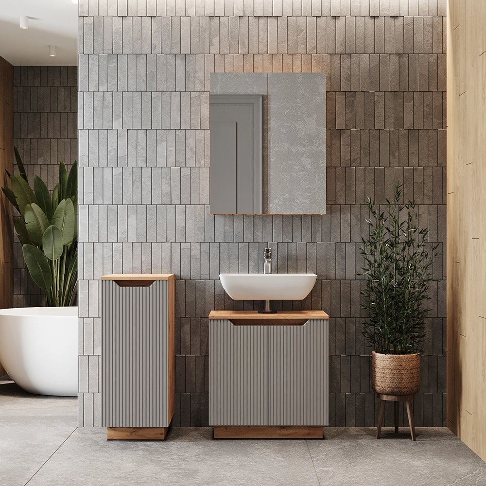 Vicco Set di mobili da bagno Rovere/grigio a righe 3 parti