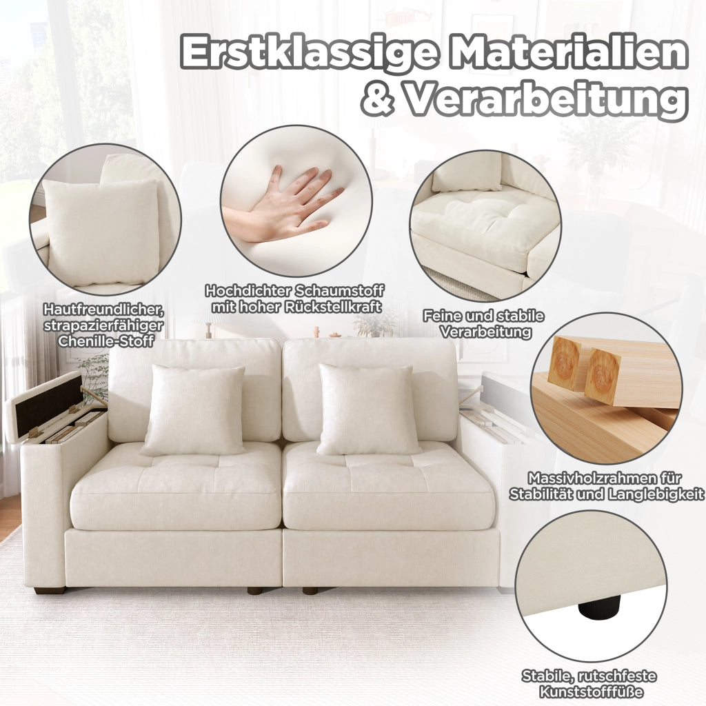Divano 2 posti 180 cm con contenitore nei braccioli; in tessuto Chenille beige