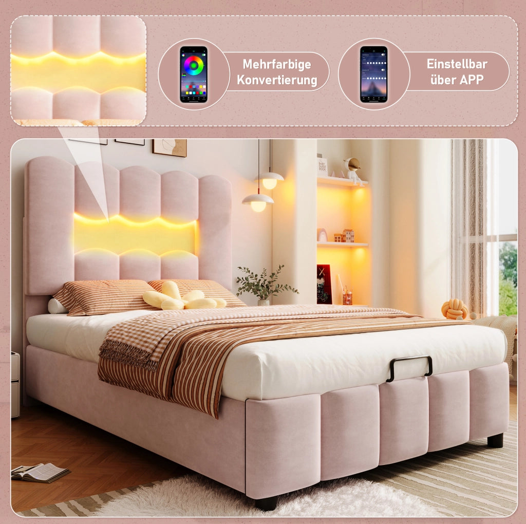 Letto imbottito ULEVR 90x200 cm con contenitore idraulico, LED multicolore e testiera regolabile, velluto rosa