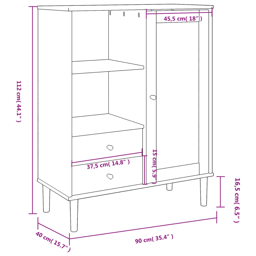 Credenza | Madia | Buffet da pranzo | Armadio da pranzo SENJA Aspetto Rattan Marrone 90x40x112cm Massello Pino