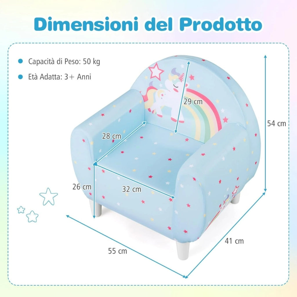 Sofa per bambini con tema unicorno colorato, Divano per bambini per ragazzi ragazze Blu