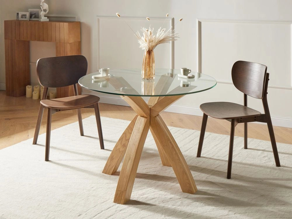Tavolo da pranzo rotondo per sala da pranzo Cucina 100 x 100 cm Piano in vetro Gambe in legno Marrone chiaro