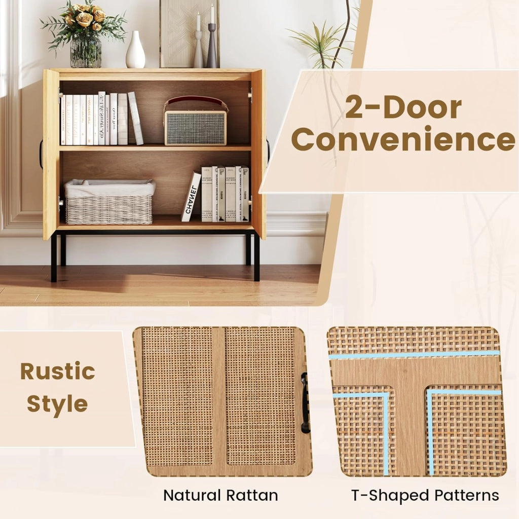 Credenza a buffet da cucina con 2 ante decorate in rattan, mensola regolabile in 3 posizioni, kit antiribaltamento, 80 x 38 x 81 cm, mobile per sala da pranzo, soggiorno (naturale)