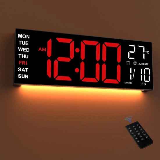 Ora digitale LED 16,5 pollici con luce notturna, funzione di regolazione automatica dell'illuminazione, 2 sveglie, 8 colori RGB, visualizzazione della temperatura, telecomando, timer 12/24 ore per soggiorno, camera da letto e ufficio