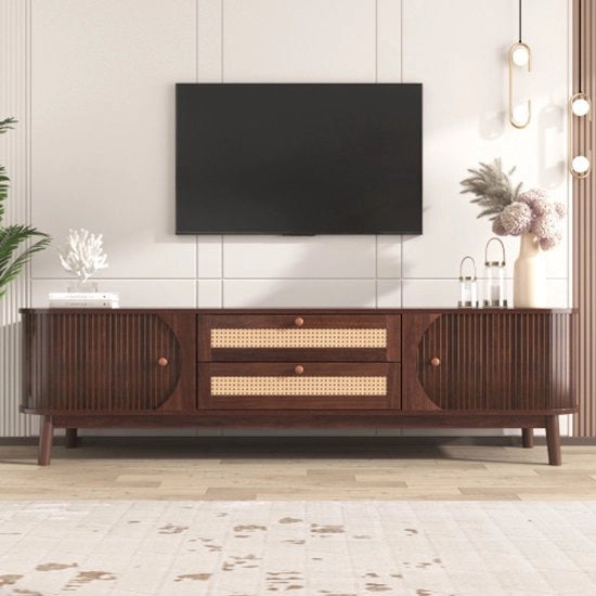 TV-Meubel in Legno Naturale a Misto - con Porte e Ante - TV-Meubel con Lati in Rattan - Soluzione di Archiviazione - Naturale - Stile di Casetta di Campagna
