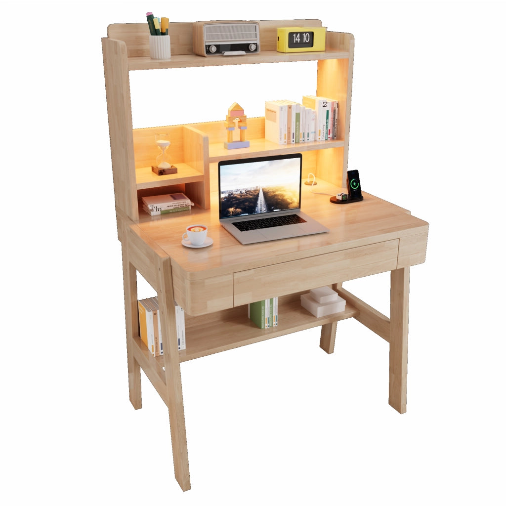 Scrivania per bambini, regolabile in altezza, con cassetto, ripiani, luce a LED, porta USB, color rovere