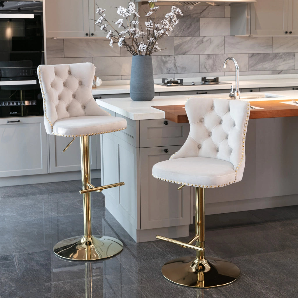 Set sgabelli da bar girevoli velluto beige ¨C Minimal ¨C base oro altezza regolabile 63,5-83,8 cm