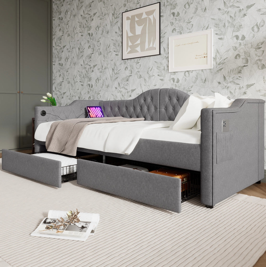 Letto singolo 90x190 cm con USB C e 2 cassetti; tessuto grigio