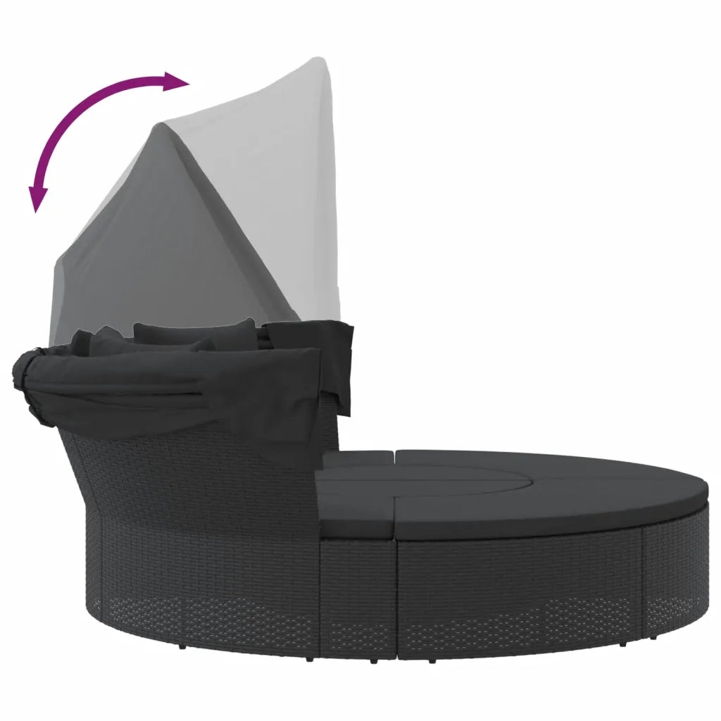 vidaXL Lettino Prendisole Esterno Tetto e Cuscini Nero in Polyrattan