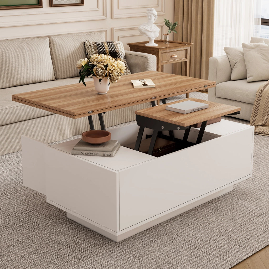 Tavolino da caffè con 2 ante e doppio piano alzabile - per soggiorno - 100×50×55.5 cm - bianco