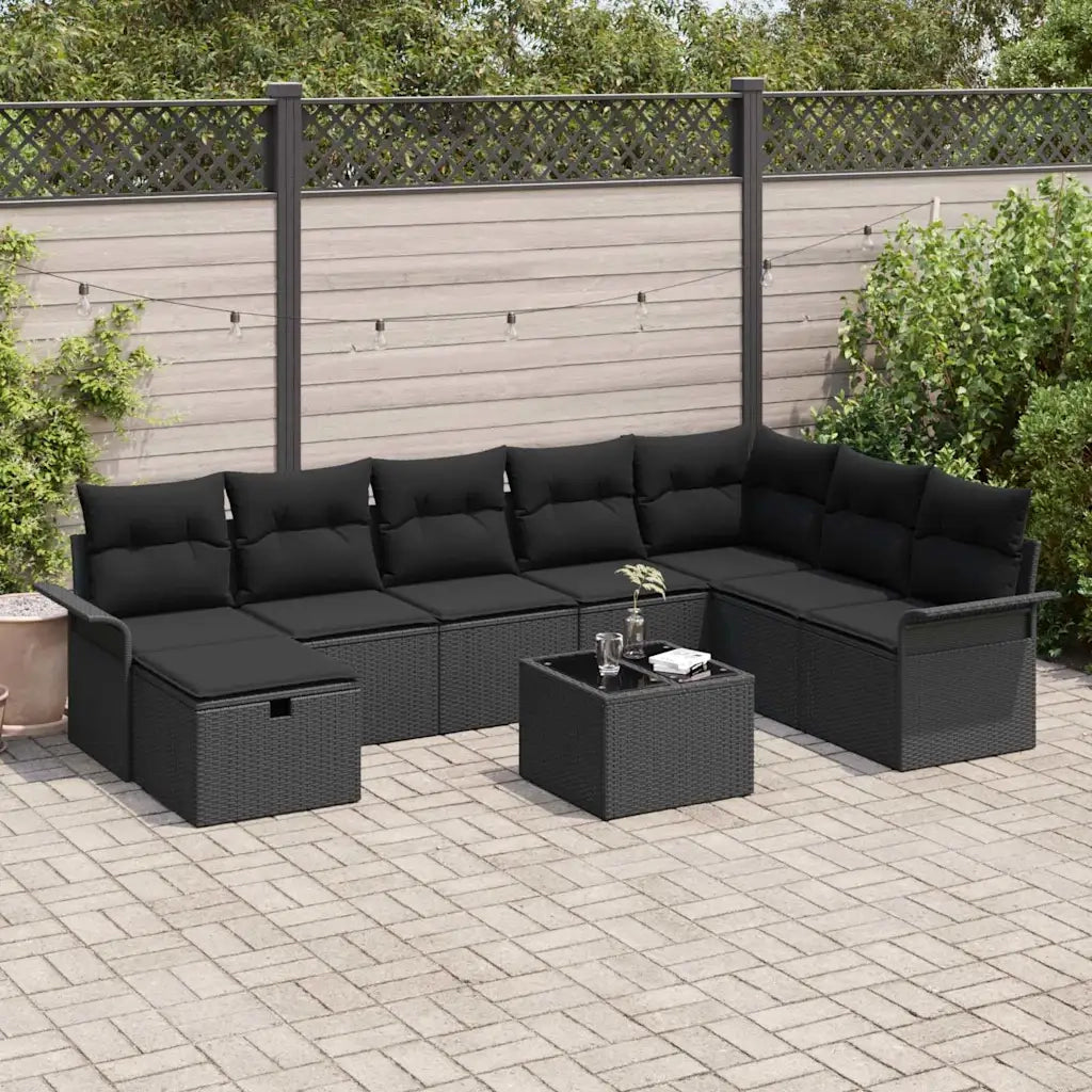 Set Divano da Giardino con cuscino 9 pcs Nero polyrattan