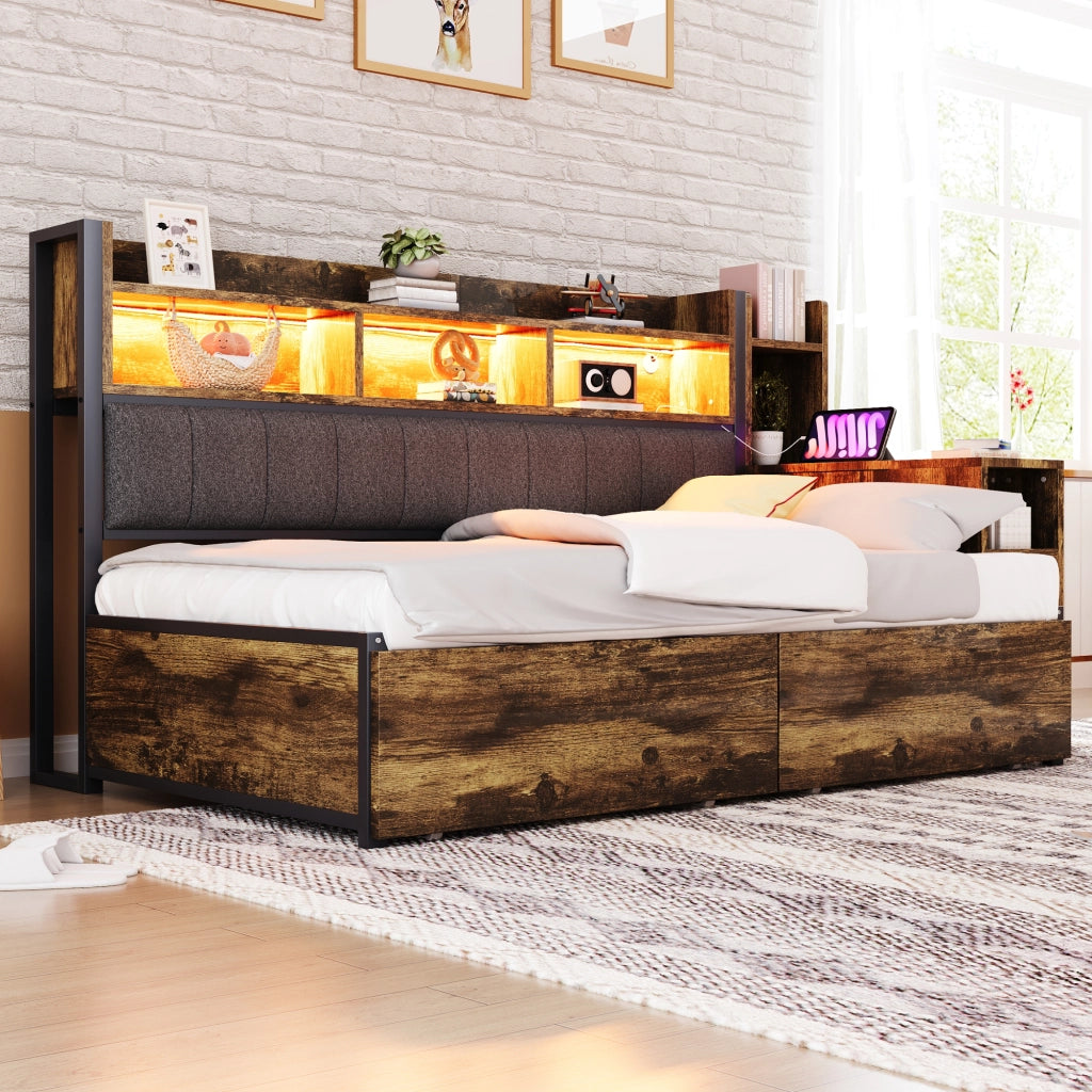 LETTO multifunzione 90x200 cm in metallo e legno, colore legno naturale