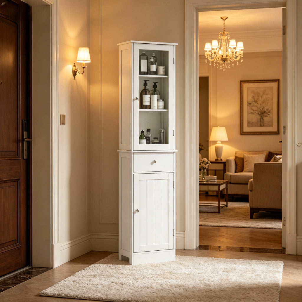 Armadietto da bagno alto con anta in acrilico, 2 ripiani e cassetto, per bagno, bianco 40 × 27 × 171,5 cm