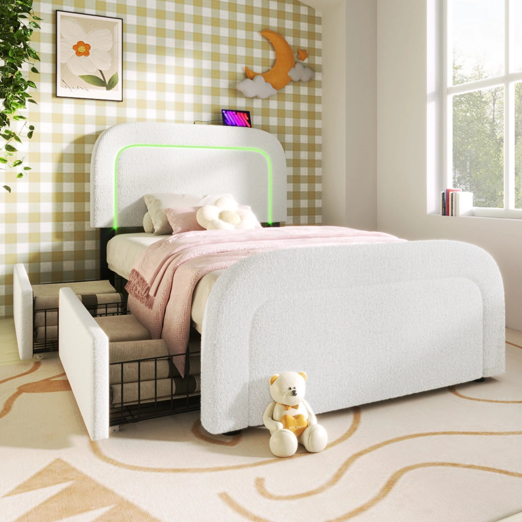 LETTO Singolo 90x200 cm Sherpa Bianco con USB Type-C, LED e 2 cassetti