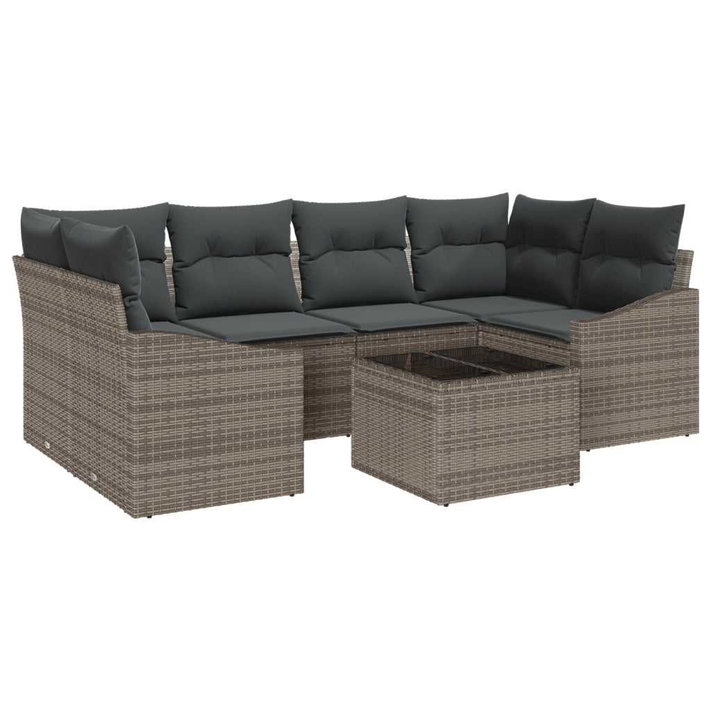 Set da pranzo da giardino a 7 pezzi con cuscini grigio polirattan