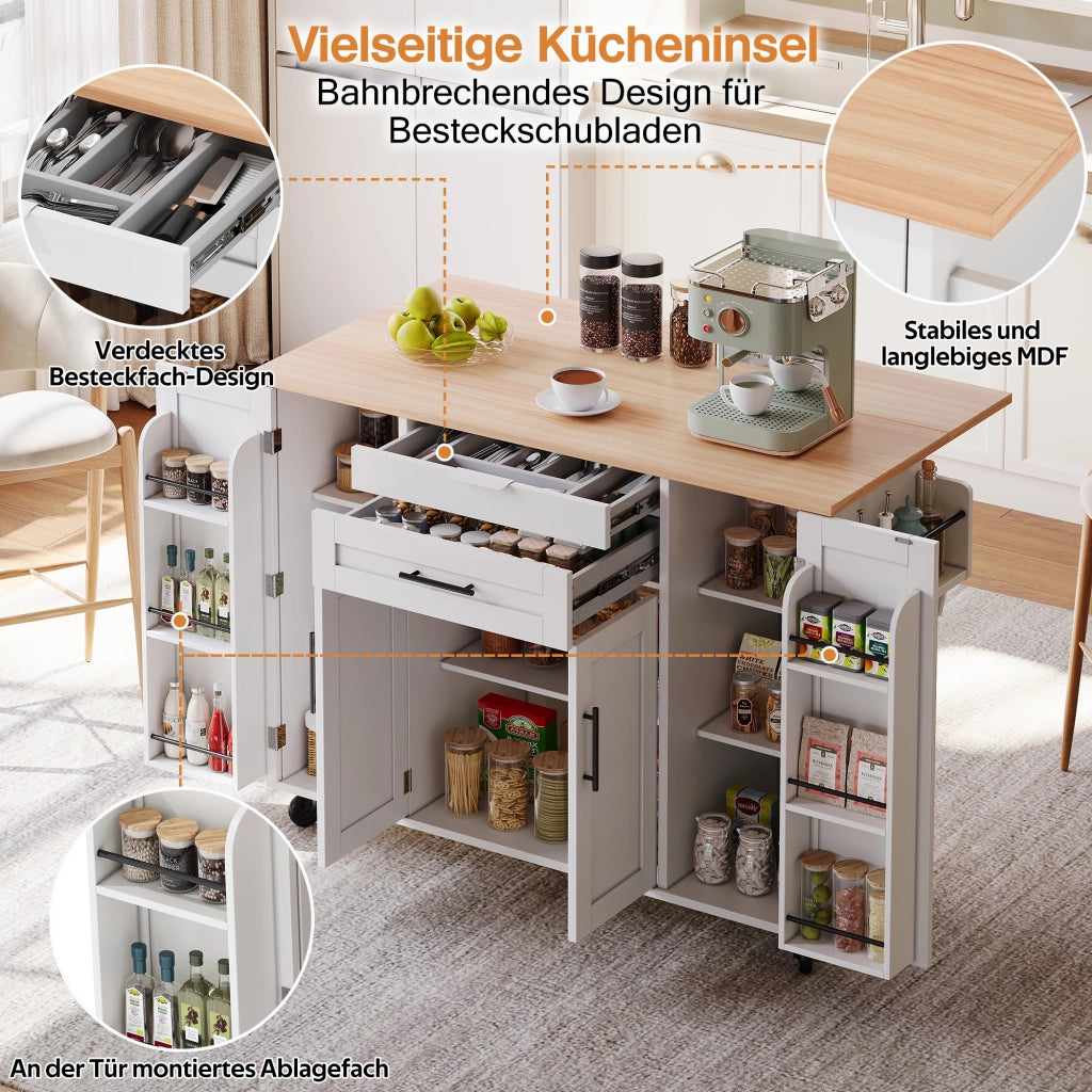 CARRELLO Cucina con piano estensibile 136x70x92 cm Bianco/Naturale MDF