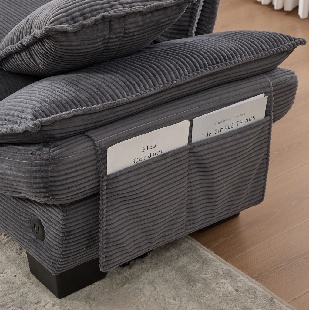 Divano 2 posti con USB-C e tasche laterali; 190x73x84 cm; velluto a coste grigio scuro