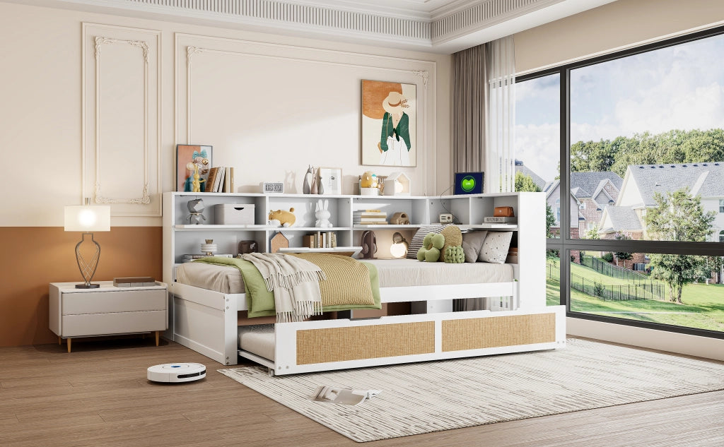 DESMIU Letto estraibile 90 × 200 cm 1 posto con letto 90 × 190 cm, USB e contenitore, senza materasso, bianco