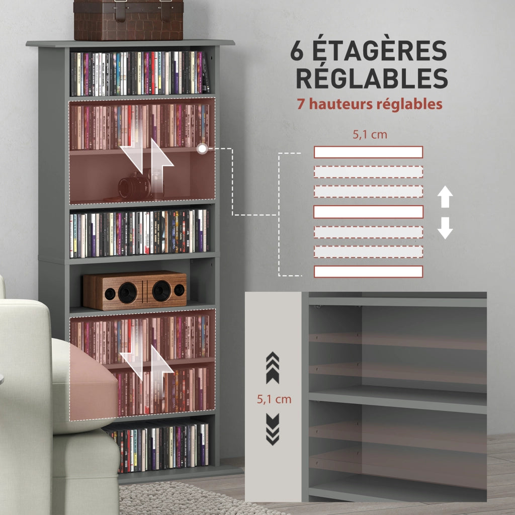 Cassettiera per CD e DVD con 8 compartimenti e 6 ripiani regolabili ¨C zephmum ¨C grigio