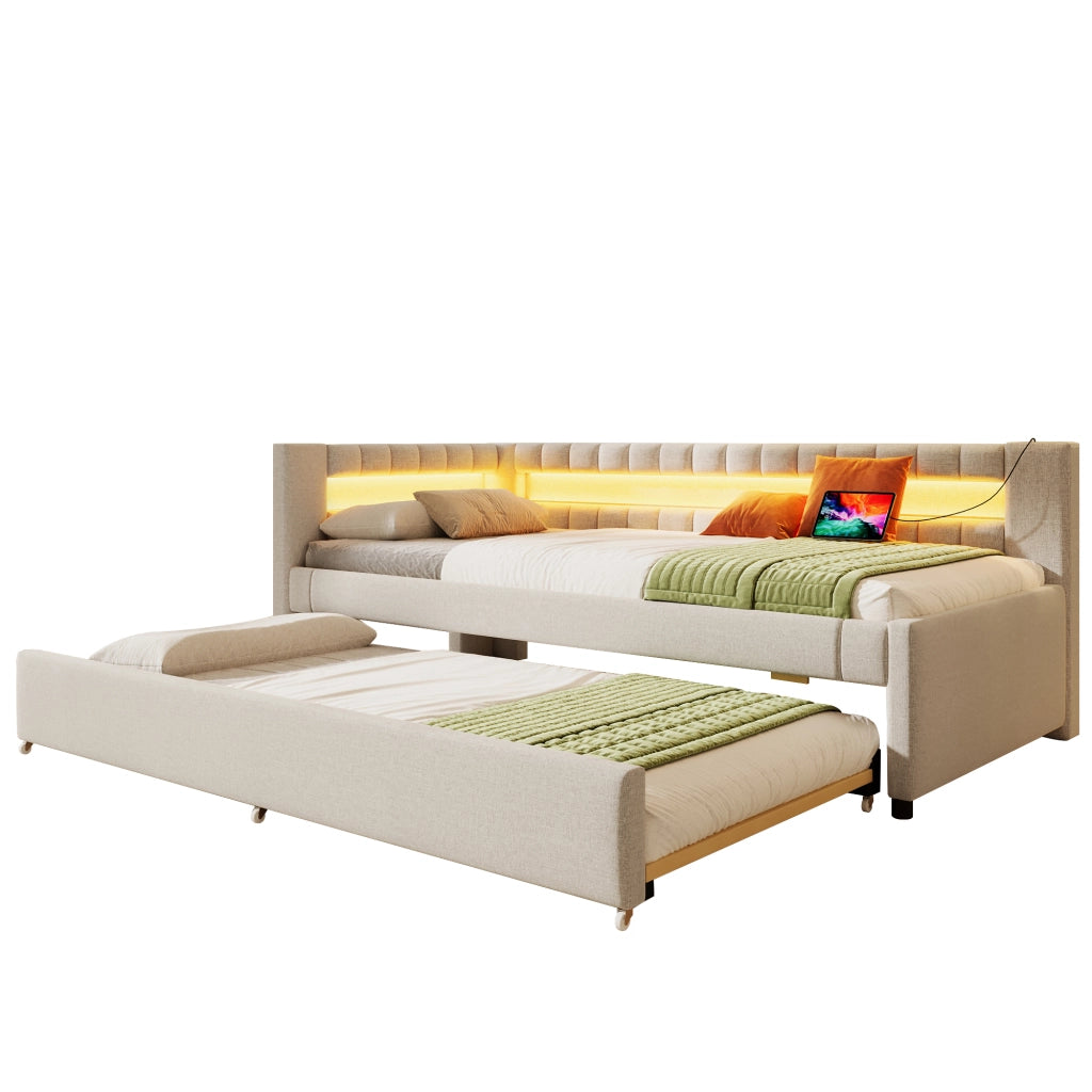 OKWISH Letto Divano 90×200 cm, Letto Singolo con LED Regolabile, USB, Tipo C e Letto Estraibile, senza Materasso, in Lino, Beige