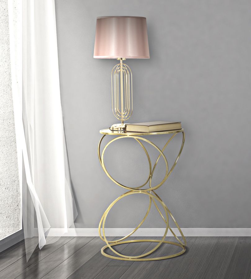 Lampada da Tavolo Krista Ø28x55 cm in Ferro PVC e Tessuto Oro e Rosa