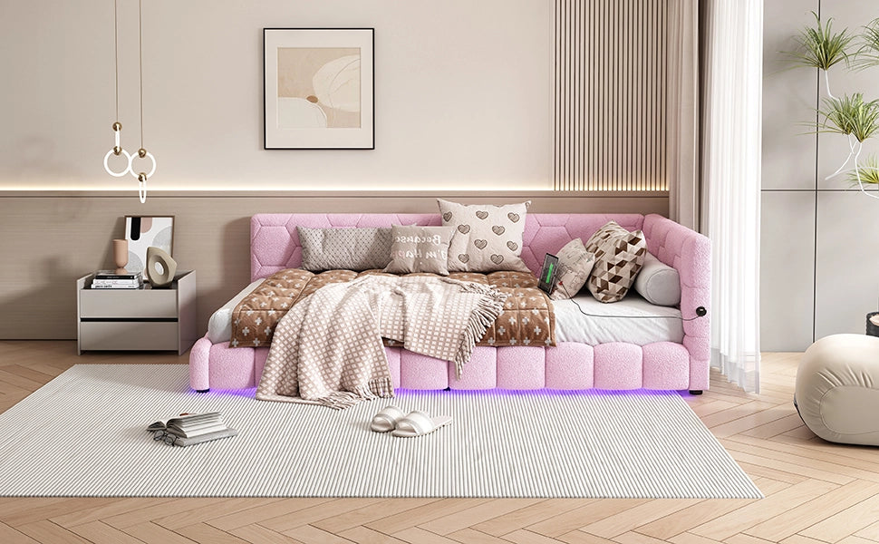 DESMIU Letto daybed 90 × 200 cm 1 posto LED regolabile, USB, Type-C, senza materasso, velluto, rosa