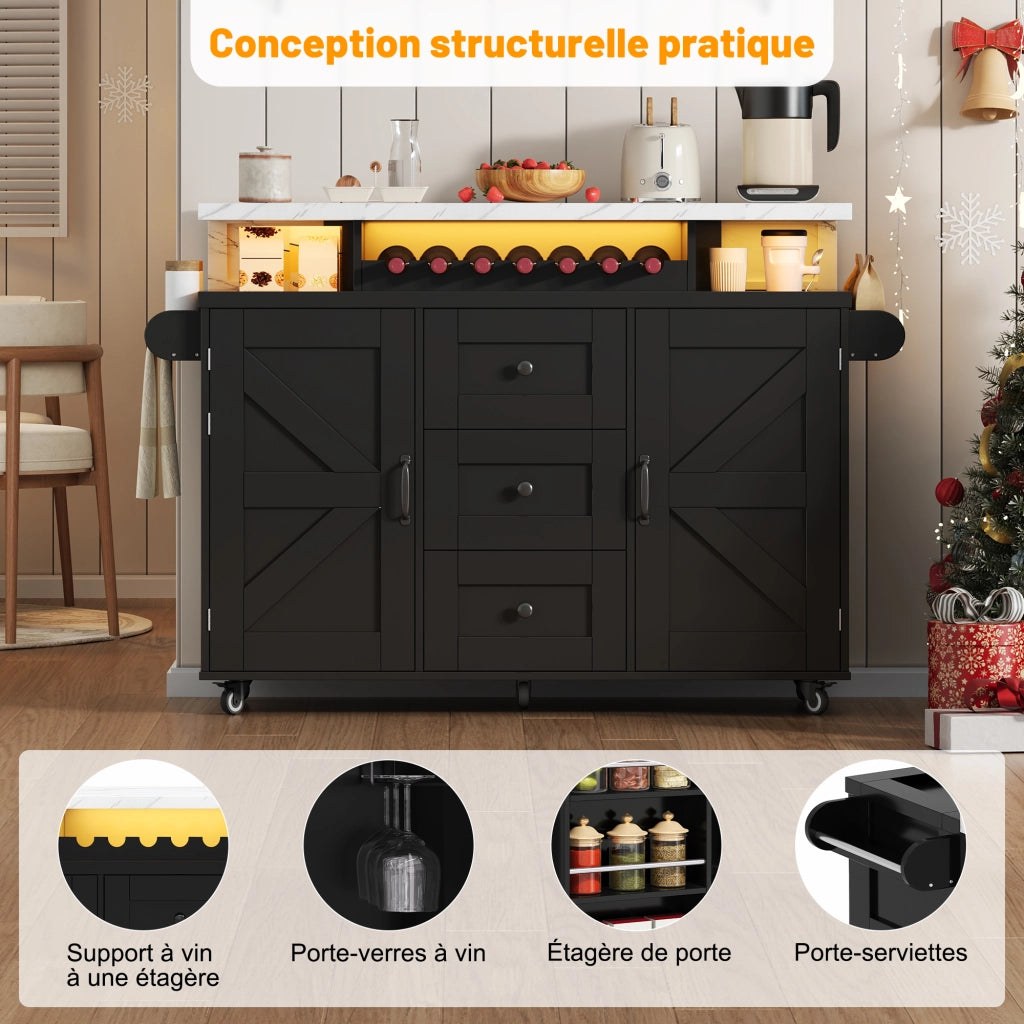 Carrello da Cucina con 2 Ante e 3 Cassetti; LED; Piano Ribaltabile; Portabicchieri e Portabottiglie; MDF