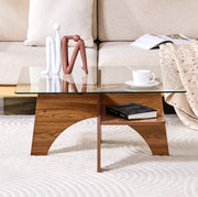 Tavolino 80x80x40 cm con piano in vetro temperato; struttura in MDF effetto noce